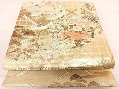 平和屋着物◎佐賀錦 六通柄袋帯 天井飛鶴花文 金糸 正絹 逸品 AABD7310yx