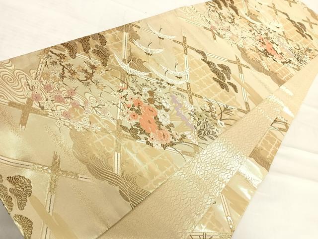 平和屋着物◎佐賀錦 六通柄袋帯 天井飛鶴花文 金糸 正絹 逸品 AABD7310yx