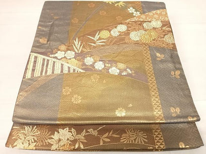 平和屋着物◎六通柄袋帯 舞花芝草文 金糸 正絹 逸品 AABD7313yx
