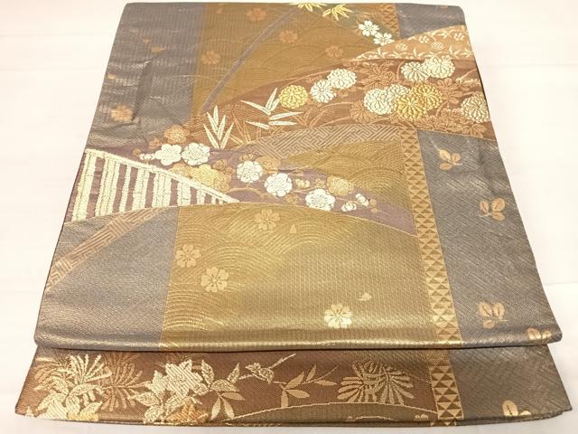 平和屋着物◎六通柄袋帯 舞花芝草文 金糸 正絹 逸品 AABD7313yx