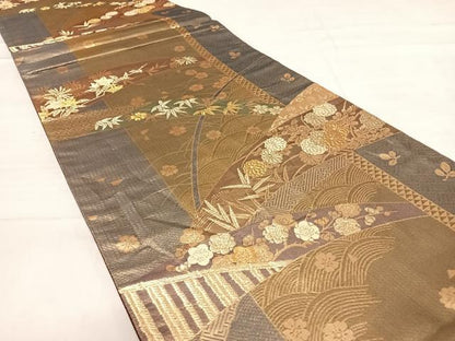 平和屋着物◎六通柄袋帯 舞花芝草文 金糸 正絹 逸品 AABD7313yx