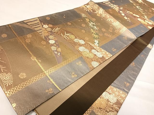 平和屋着物◎六通柄袋帯 舞花芝草文 金糸 正絹 逸品 AABD7313yx