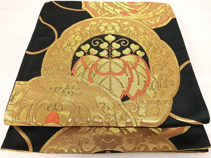 平和屋着物◎六通柄袋帯 鳳凰花文 黒地 金糸 正絹 逸品 AABD7327yx