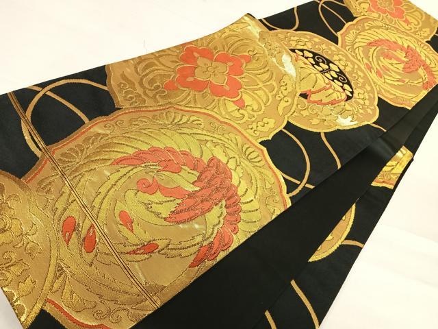 平和屋着物◎六通柄袋帯 鳳凰花文 黒地 金糸 正絹 逸品 AABD7327yx