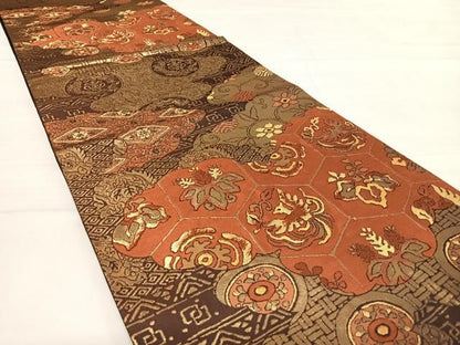平和屋着物◎六通柄袋帯　雲取り吉祥花鳥文　金糸　正絹　逸品　AABD7332yx