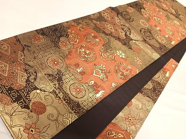 平和屋着物◎六通柄袋帯　雲取り吉祥花鳥文　金糸　正絹　逸品　AABD7332yx