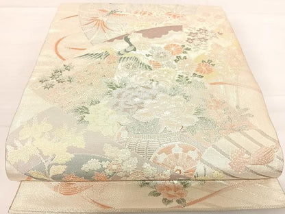 平和屋着物◎佐賀錦 六通柄袋帯 扇面花鳥文 銀糸 正絹 逸品 AABD7339yx