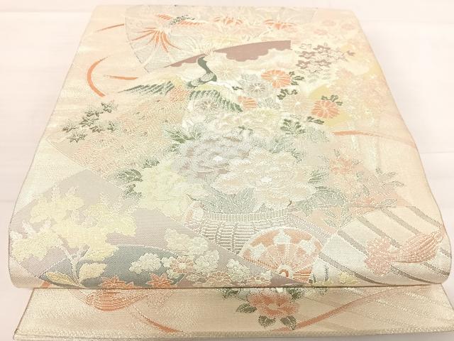 平和屋着物◎佐賀錦 六通柄袋帯 扇面花鳥文 銀糸 正絹 逸品 AABD7339yx