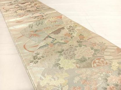 平和屋着物◎佐賀錦 六通柄袋帯 扇面花鳥文 銀糸 正絹 逸品 AABD7339yx