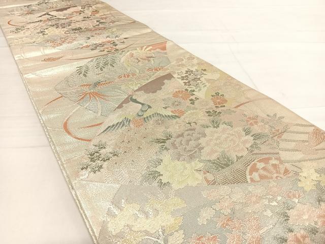 平和屋着物◎佐賀錦 六通柄袋帯 扇面花鳥文 銀糸 正絹 逸品 AABD7339yx
