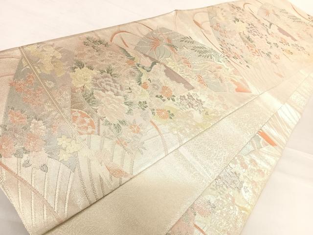 平和屋着物◎佐賀錦 六通柄袋帯 扇面花鳥文 銀糸 正絹 逸品 AABD7339yx