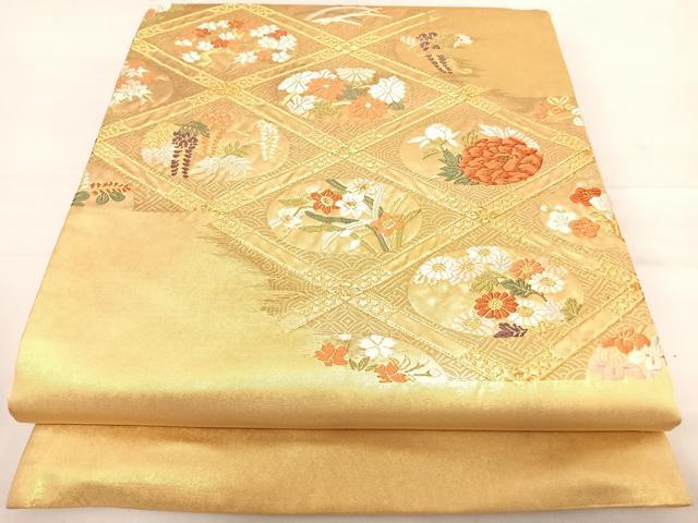 平和屋着物◎太鼓柄袋帯 唐織 天井花丸文 金糸 正絹 逸品 AABD7343yx