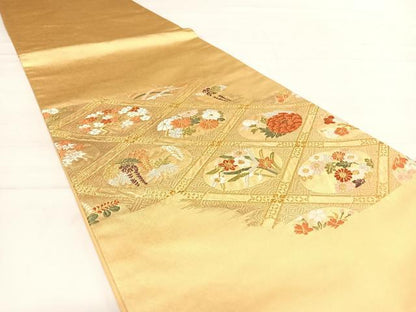 平和屋着物◎太鼓柄袋帯 唐織 天井花丸文 金糸 正絹 逸品 AABD7343yx
