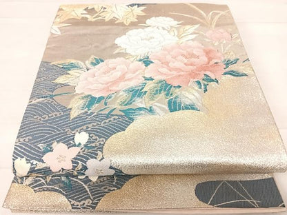 平和屋着物◎六通柄袋帯 雲取り花文 金銀糸 正絹 逸品 AABD7346yx