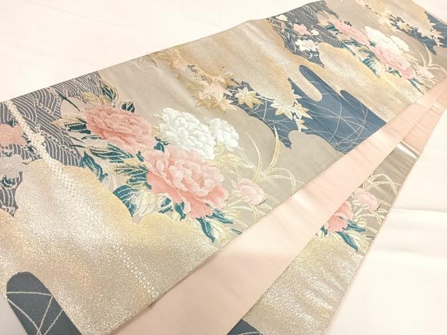 平和屋着物◎六通柄袋帯 雲取り花文 金銀糸 正絹 逸品 AABD7346yx