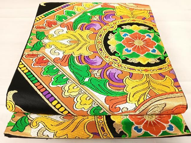 平和屋着物◎六通柄袋帯 唐織 更紗花文 黒地 金糸 正絹 逸品 AABD7351yx