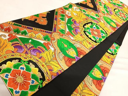 平和屋着物◎六通柄袋帯 唐織 更紗花文 黒地 金糸 正絹 逸品 AABD7351yx