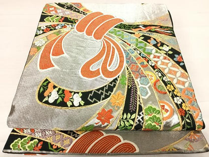 平和屋着物◎六通柄袋帯 唐織 束ね熨斗吉祥花文 黒地 金銀糸 正絹 逸品 AABD7356yx