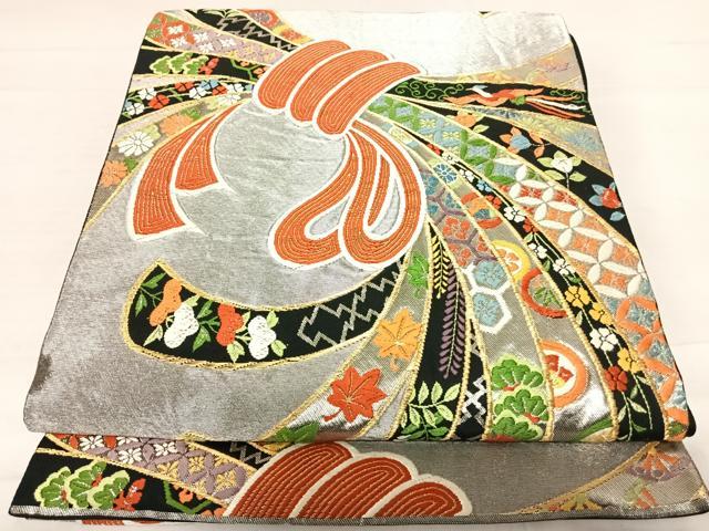 平和屋着物◎六通柄袋帯 唐織 束ね熨斗吉祥花文 黒地 金銀糸 正絹 逸品 AABD7356yx