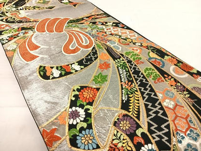 平和屋着物◎六通柄袋帯 唐織 束ね熨斗吉祥花文 黒地 金銀糸 正絹 逸品 AABD7356yx