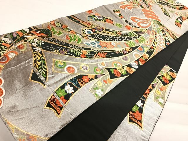平和屋着物◎六通柄袋帯 唐織 束ね熨斗吉祥花文 黒地 金銀糸 正絹 逸品 AABD7356yx