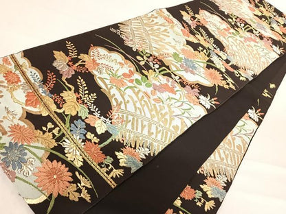 平和屋着物◎六通柄袋帯　唐織　草花文　金銀糸　正絹　逸品　AABD7357yx