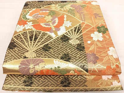 平和屋着物◎六通柄袋帯　唐織　扇面花文　黒地　金糸　正絹　逸品　AABD7359yx