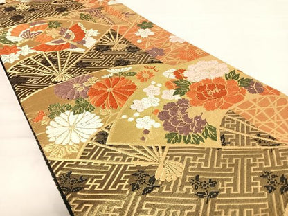 平和屋着物◎六通柄袋帯　唐織　扇面花文　黒地　金糸　正絹　逸品　AABD7359yx