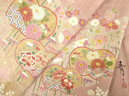 平和屋着物●京友禅の第一人者　松井青々　訪問着　草花文　金彩　ロング丈　正絹　逸品　AABD7370ck