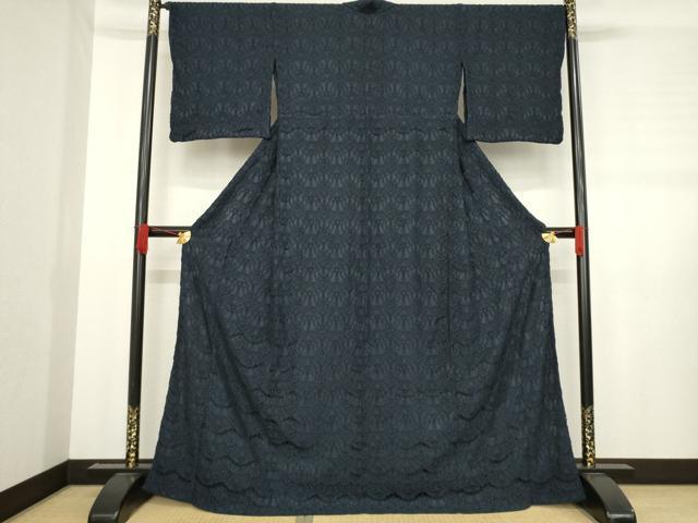 平和屋着物●DOUBLE MAISON　色無地　総レース　飾花文　藍鉄色　ロング丈　AABD7383ck