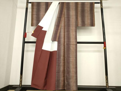平和屋着物●珈琲染　紬　間道　正絹　逸品　AABD7384ck