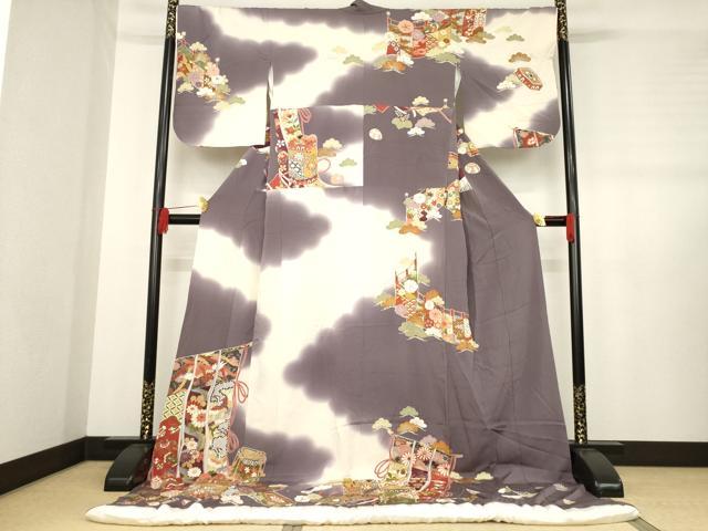 平和屋着物●お引きずり・お引き摺り・訪問着 和装 結婚式 舞妓 芸妓 芸者 衣装 几帳貝桶花文 鶴 暈し染め 正絹 逸品 AABD7388ck