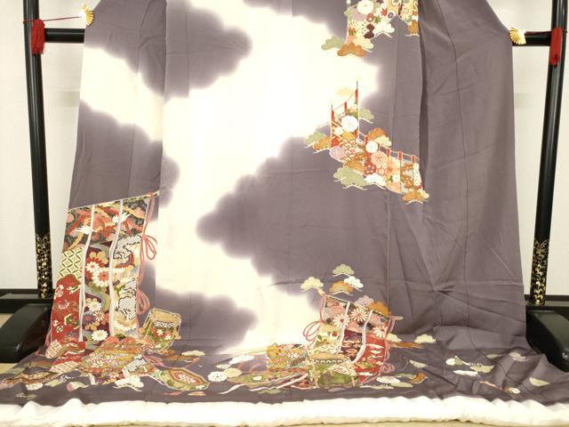 平和屋着物●お引きずり・お引き摺り・訪問着 和装 結婚式 舞妓 芸妓 芸者 衣装 几帳貝桶花文 鶴 暈し染め 正絹 逸品 AABD7388ck