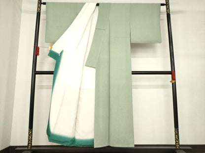 平和屋着物●江戸小紋　万筋　白×老竹色　正絹　逸品　AABD7431ck