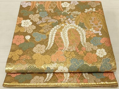 平和屋着物◎佐賀錦　六通柄袋帯　唐織　藤の花　金糸　正絹　逸品　AABD7471ou