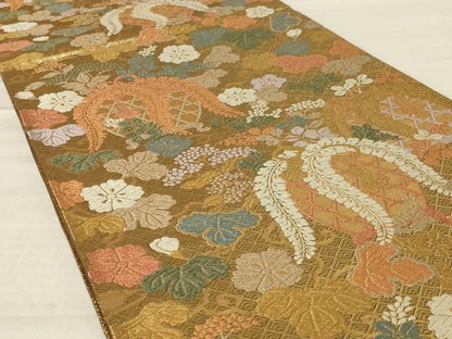 平和屋着物◎佐賀錦　六通柄袋帯　唐織　藤の花　金糸　正絹　逸品　AABD7471ou