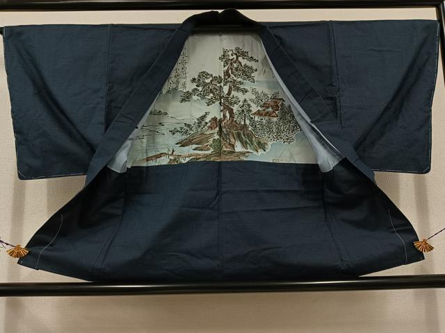 平和屋着物▽男性　紬　単衣　アンサンブル　110亀甲　総詰め　正絹　逸品　AABD7482jh