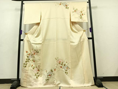 平和屋着物▽訪問着 単衣 駒刺繍 松皮菱花文 金彩 正絹 逸品 AABD7484jh