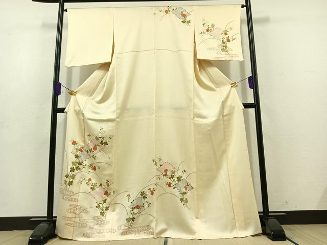 平和屋着物▽訪問着 単衣 駒刺繍 松皮菱花文 金彩 正絹 逸品 AABD7484jh