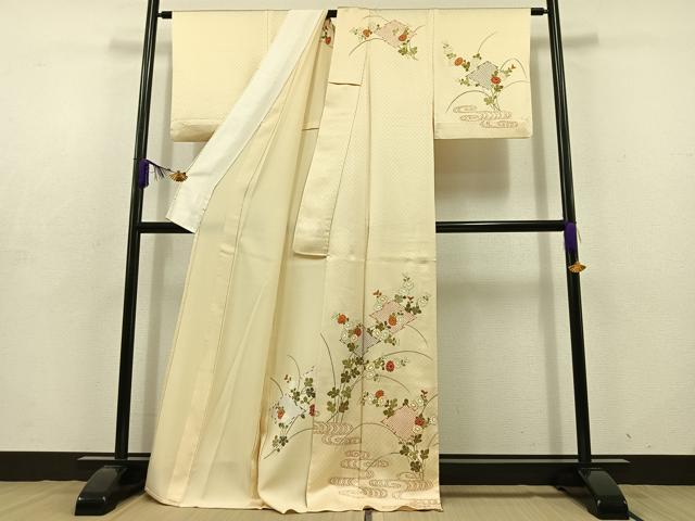 平和屋着物▽訪問着 単衣 駒刺繍 松皮菱花文 金彩 正絹 逸品 AABD7484jh