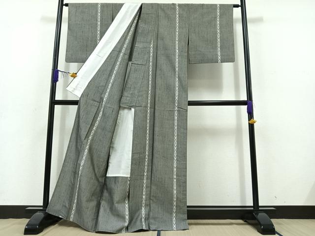 平和屋着物▽上質な紬 単衣 菱間道 正絹 逸品 AABD7489jh