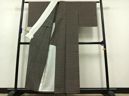 平和屋着物▽上質な小紋 単衣 紬地 幾何学文様 反端付き 正絹 逸品 AABD7491jh