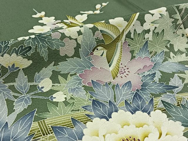 平和屋着物▽色留訪問着 単衣 友禅 作家物 花鳥文 正絹 逸品 AABD7496jh