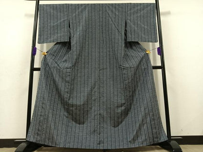 平和屋着物▽上質な紬 単衣 縞 正絹 逸品 AABD7497jh