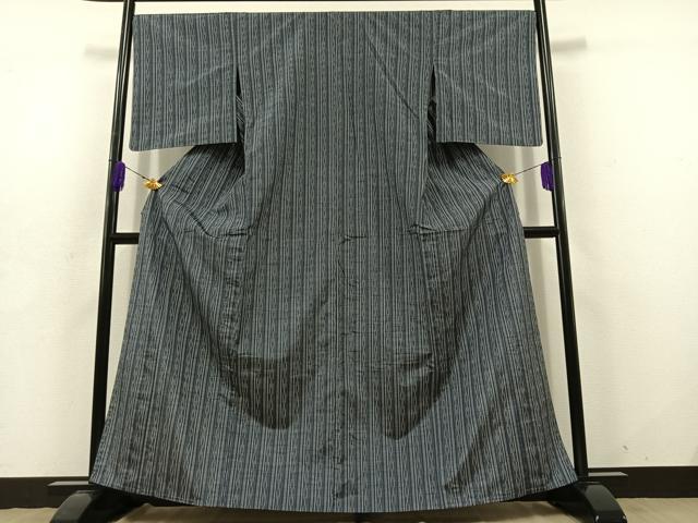 平和屋着物▽上質な紬 単衣 縞 正絹 逸品 AABD7497jh