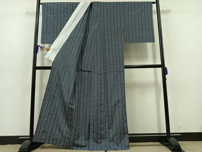平和屋着物▽上質な紬 単衣 縞 正絹 逸品 AABD7497jh