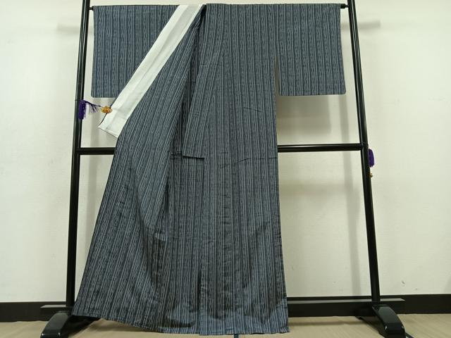 平和屋着物▽上質な紬 単衣 縞 正絹 逸品 AABD7497jh