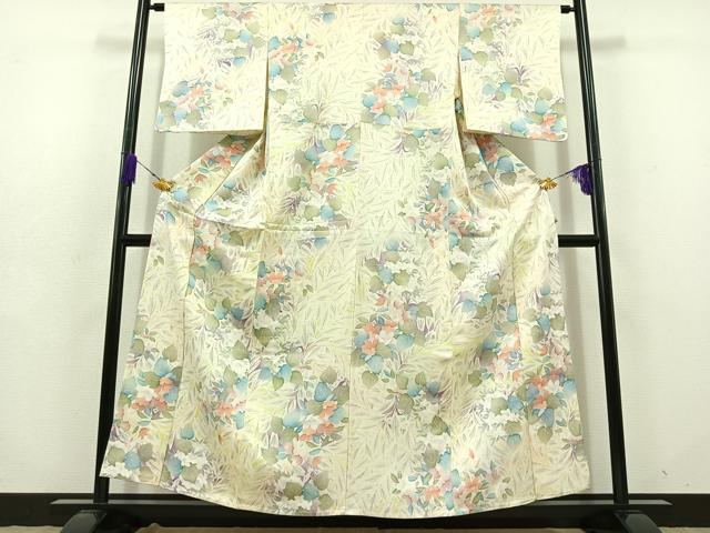 平和屋着物▽上質な小紋　単衣　手描き　草花文　正絹　逸品　AABD7501jh