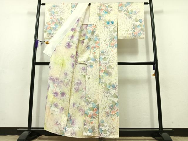 平和屋着物▽上質な小紋　単衣　手描き　草花文　正絹　逸品　AABD7501jh