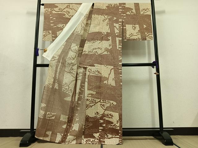 平和屋着物▽訪問着　単衣　生紬　樹林文　正絹　逸品　AABD7515jh